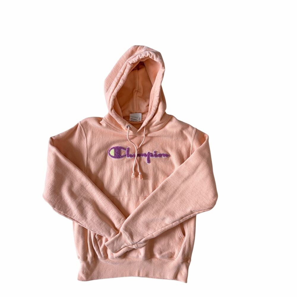 Champion Reverse Weave Boyfriend Hoodie Sweatshirt Size S Peach Purple Logo